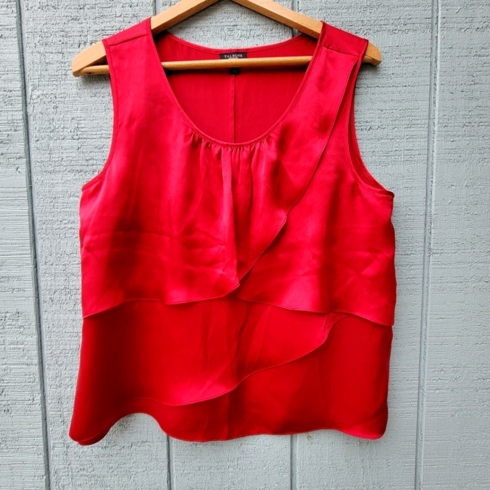 Talbots Petites Silk Tiered Layered Scoop Neck Satin Tank Blouse size 12P Red